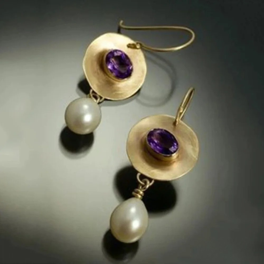 Vintage Gold Purple Zirconia Pearl Earrings | Elegant Gemstone Jewelry